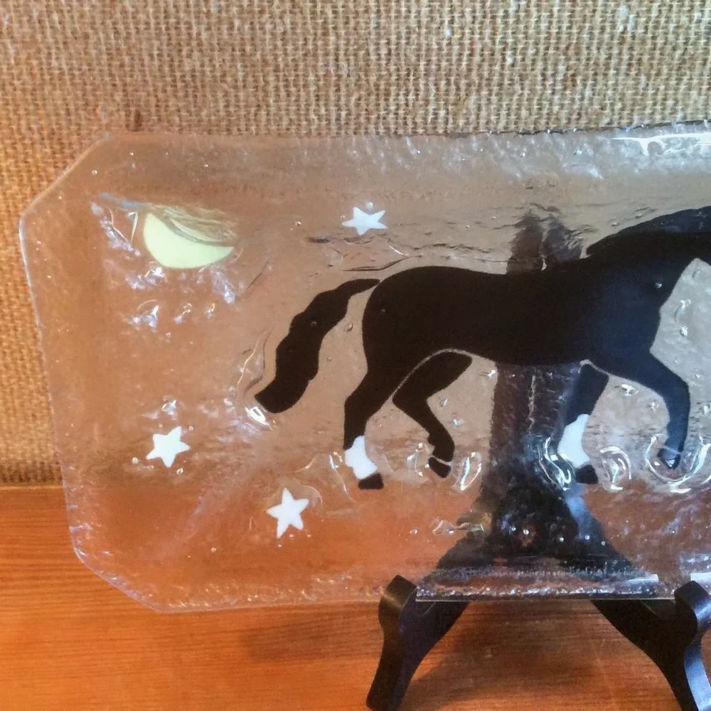 Glass Tray Prancing Black Horse Moon & Stars Artist Signed 12